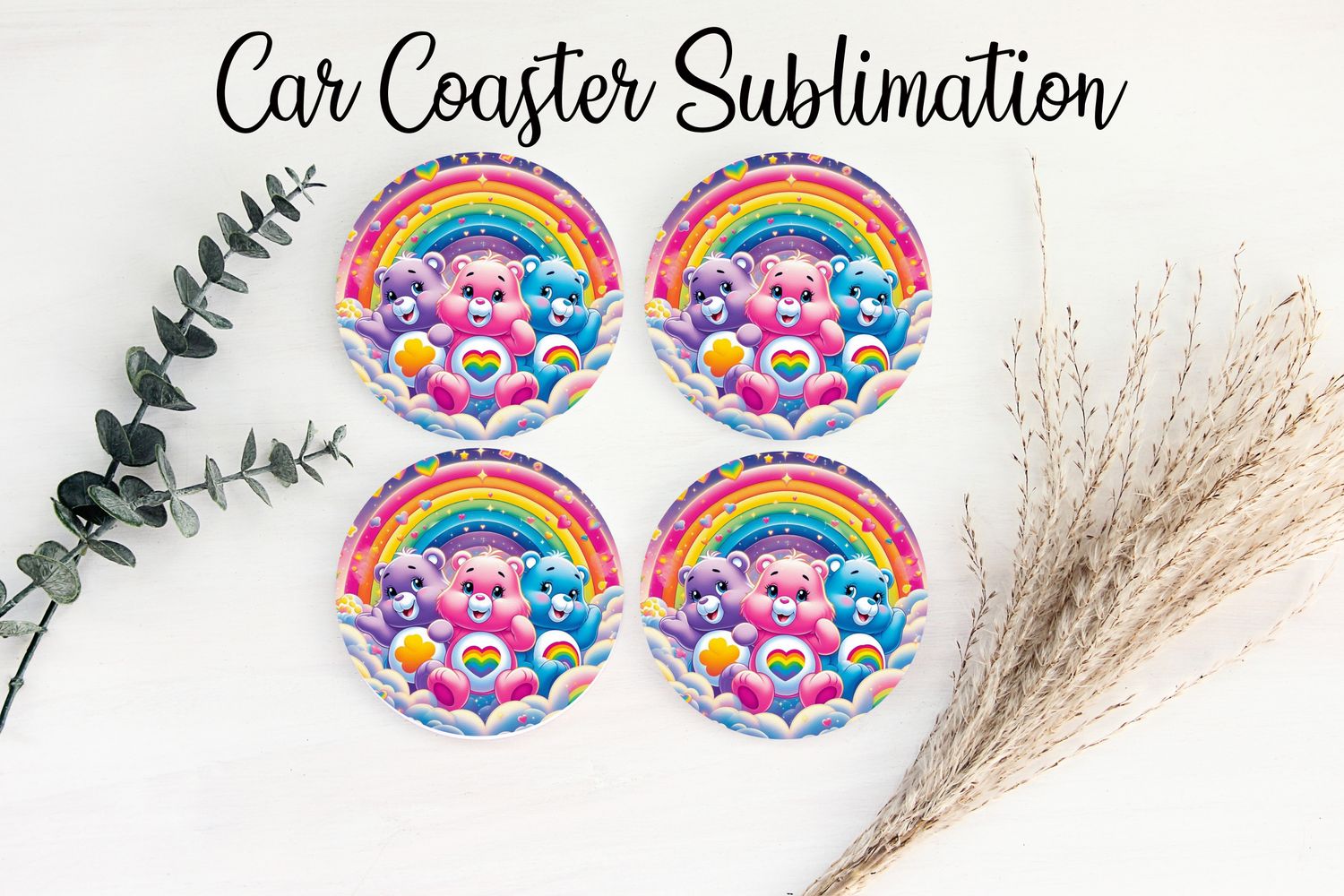 Car Coaster Sublimation Print - Cute Bears Rainbow