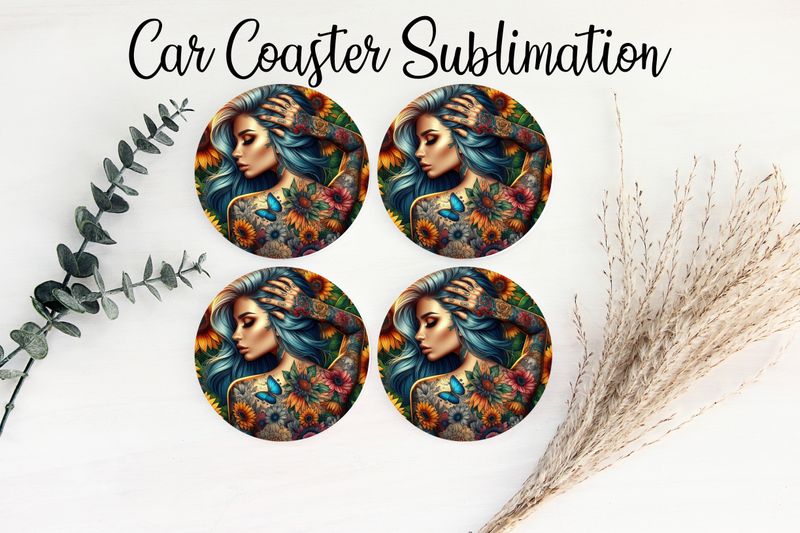 Car Coaster Sublimation Print - Tattooed Girl Sunflowers