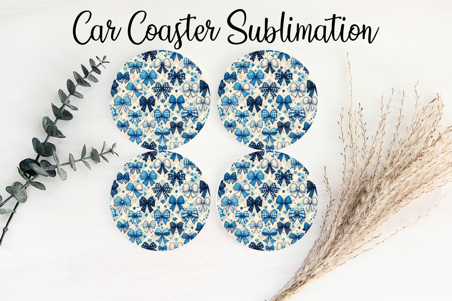 Car Coaster Sublimation Print - Checkered Blue Bows