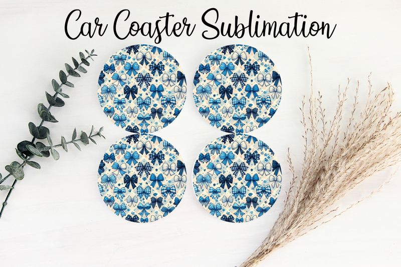 Car Coaster Sublimation Print - Checkered Blue Bows