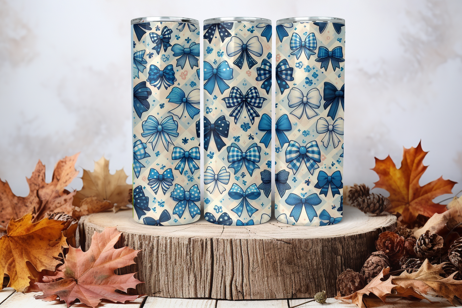 20oz Skinny Sublimation Tumbler Wrap Print - Checkered Blue Bows