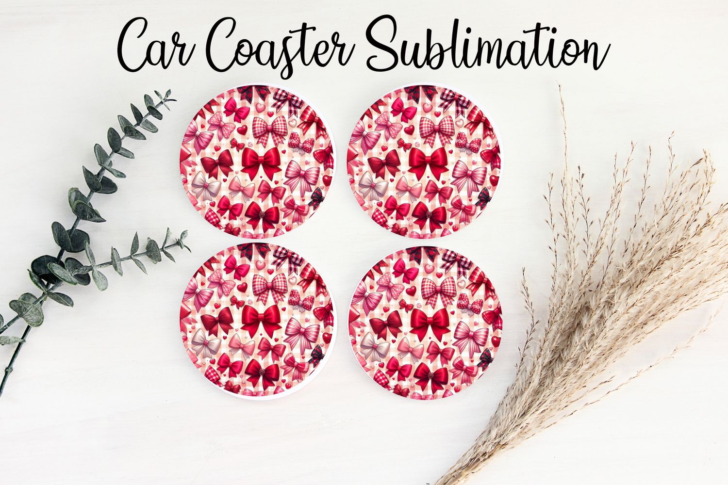 Car Coaster Sublimation Print - Checkered Red Bows