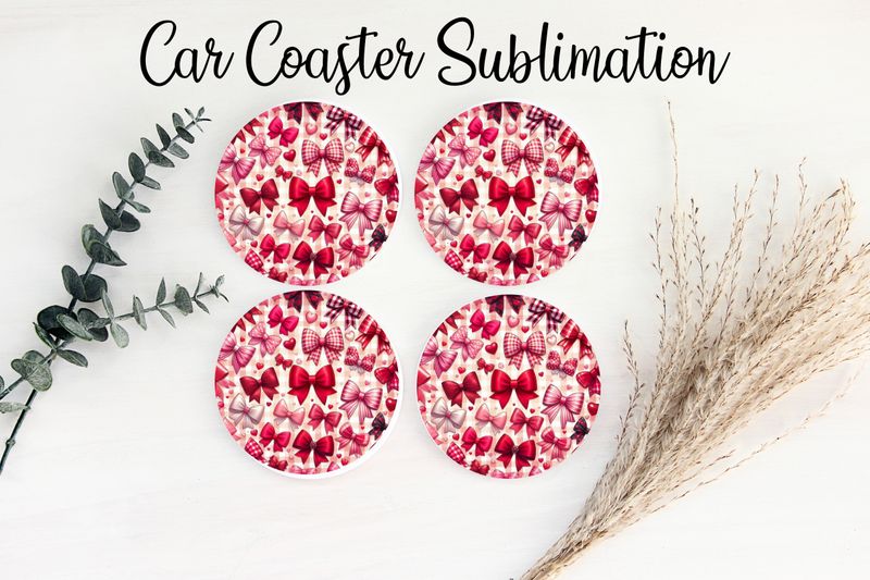 Car Coaster Sublimation Print - Checkered Red Bows