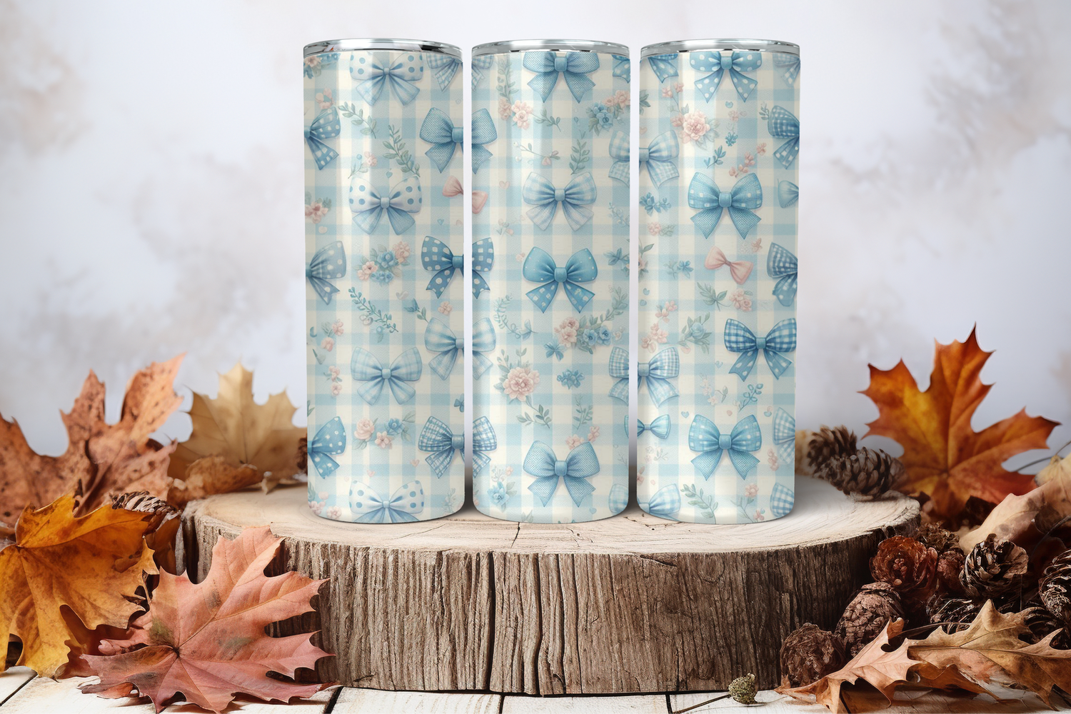 20oz Skinny Sublimation Tumbler Wrap Print - Checkered Light Blue Bows