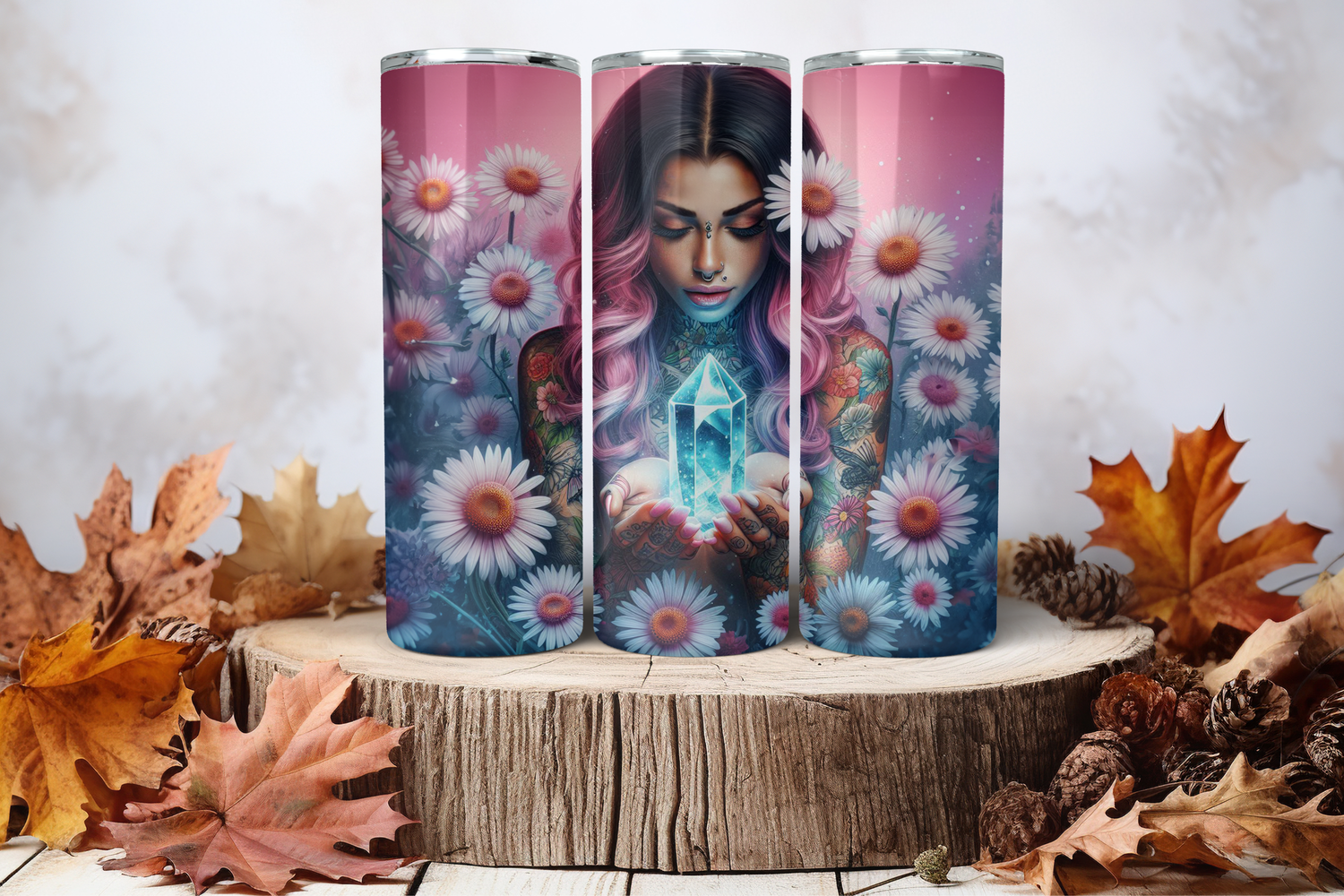20oz Skinny Sublimation Tumbler Wrap Print - Tattooed Girl With Crystal