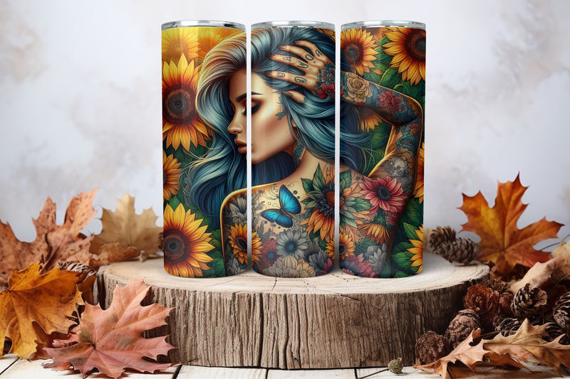 20oz Skinny Sublimation Tumbler Wrap Print - Tattooed Girl With Sunflowers