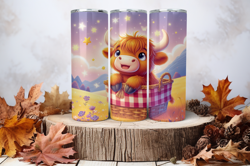 20oz Skinny Sublimation Tumbler Wrap Print - Highland Cow On Basket