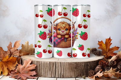 20oz Skinny Sublimation Tumbler Wrap Print - Highland Cow On Basket With Strawberries &amp; Cherries