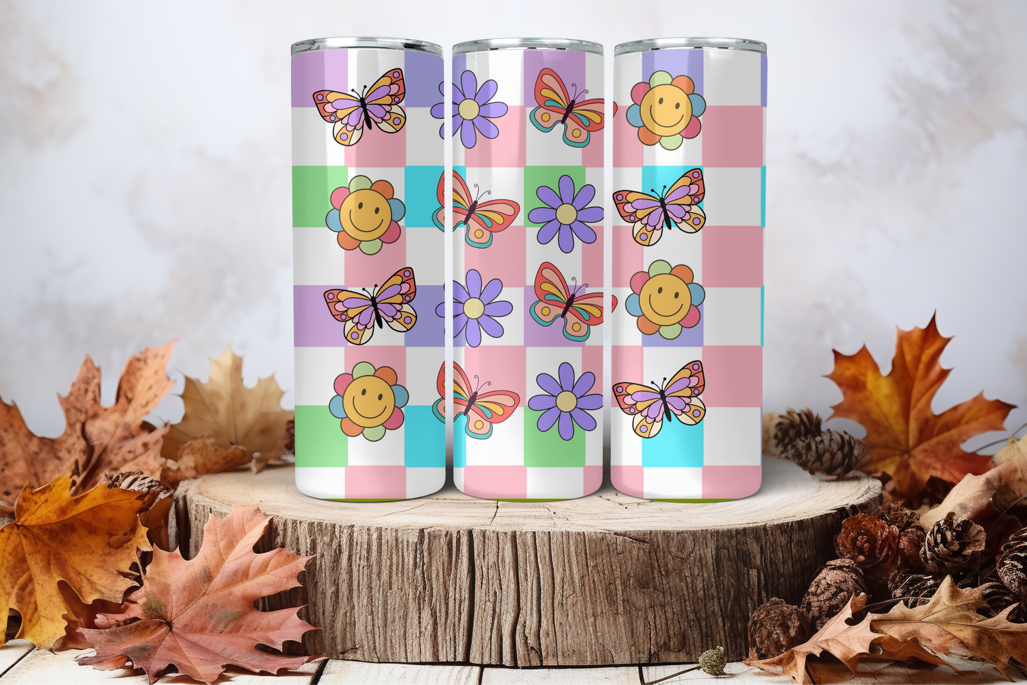 20oz Skinny Sublimation Tumbler Wrap Print - Retro Smiley Butterfly Flower