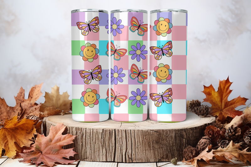 20oz Skinny Sublimation Tumbler Wrap Print - Retro Smiley Butterfly Flower