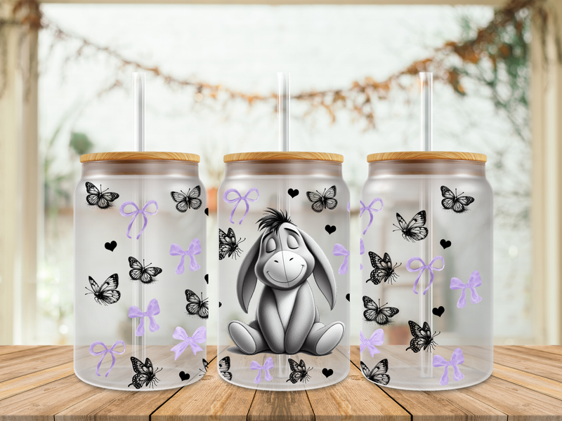 16oz Sublimation Tumbler Wrap Print - Eeyore Black &amp; White With Bows &amp; Butterflies