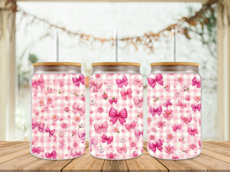 16oz Sublimation Tumbler Wrap Print - Checkered Pink Bows