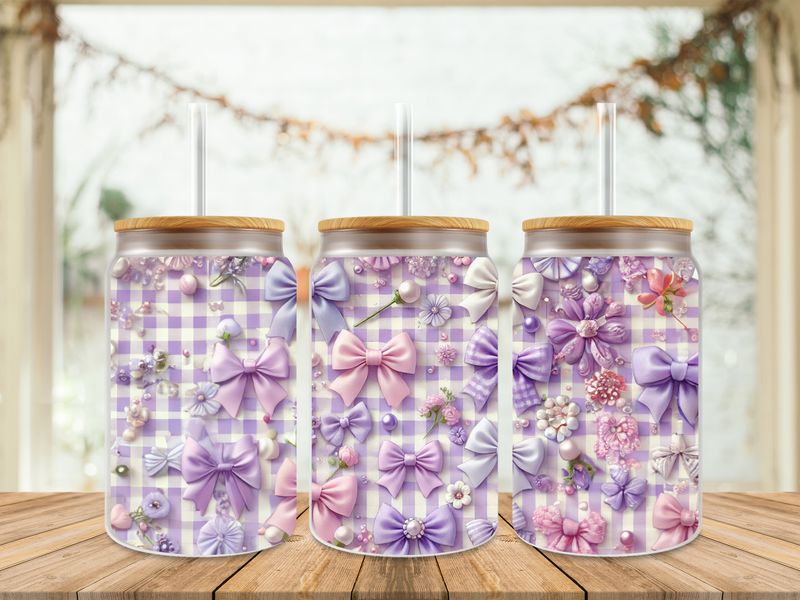 16oz Sublimation Tumbler Wrap Print - Checkered Purple Bows