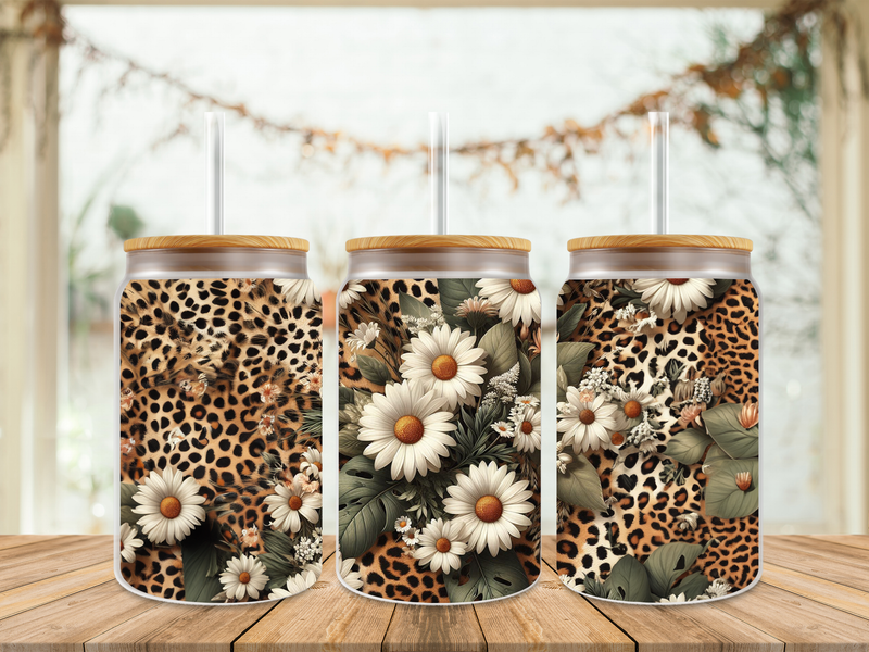16oz Sublimation Tumbler Wrap Print - Leopard Pattern Daisies