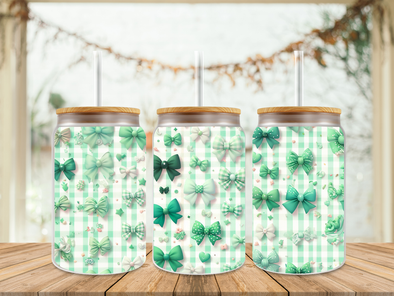 16oz Sublimation Tumbler Wrap Print - Checkered Green Bows