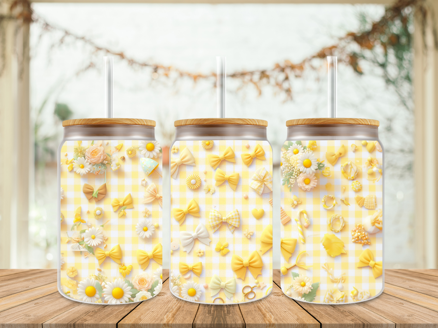 16oz Sublimation Tumbler Wrap Print - Checkered Yellow Bows