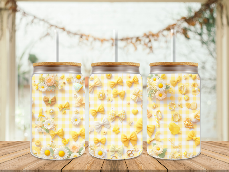 16oz Sublimation Tumbler Wrap Print - Checkered Yellow Bows