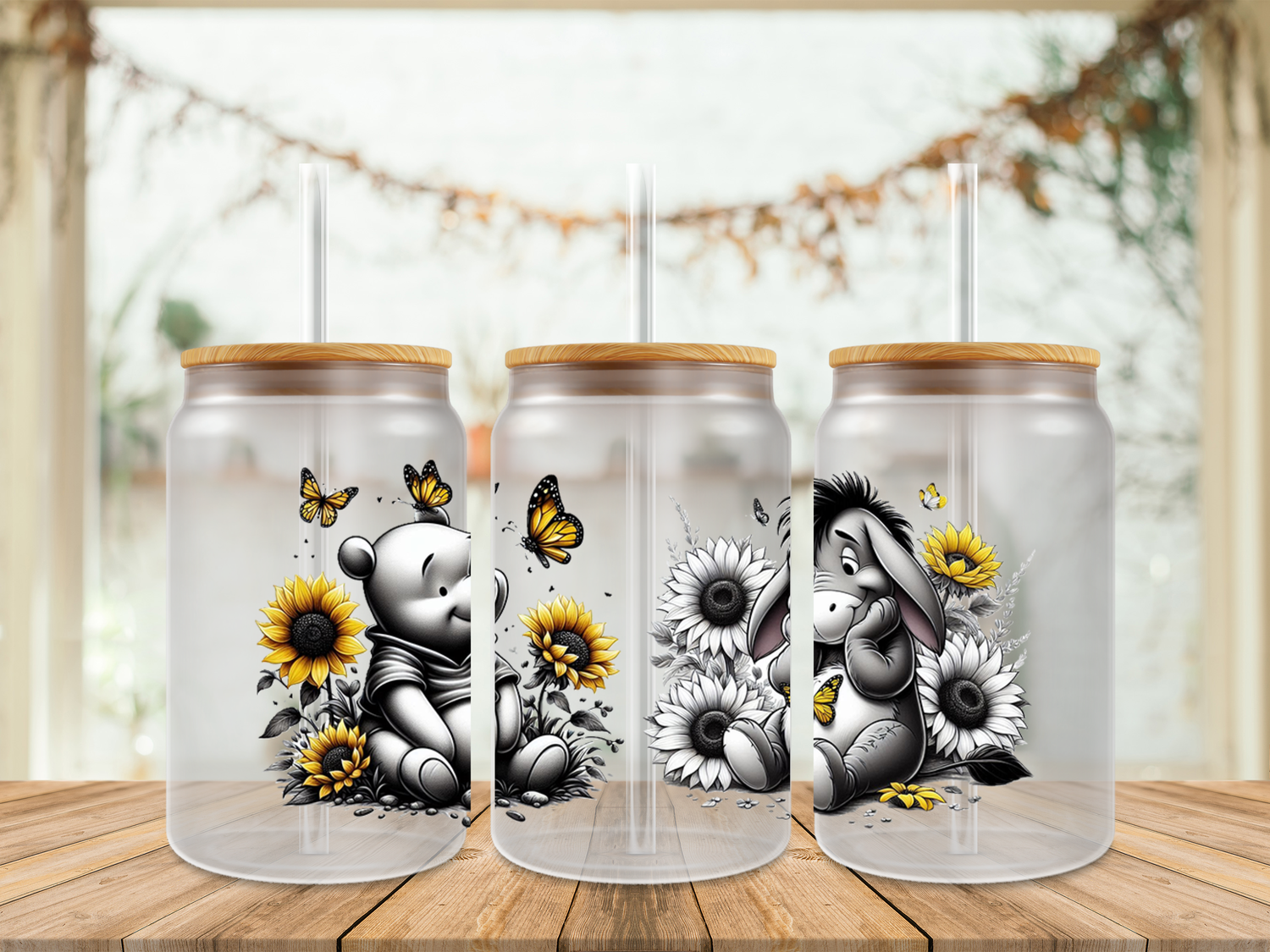 16oz Sublimation Tumbler Wrap Print - Pooh &amp; Eeyore Black &amp; White With Sunflowers