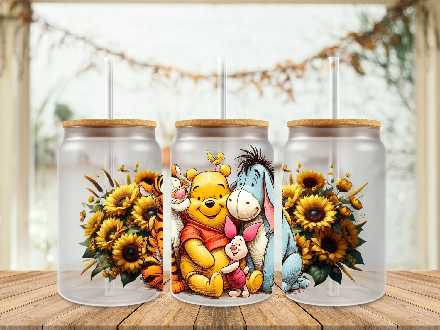 16oz Sublimation Tumbler Wrap Print - Pooh &amp; Friends With Sunflowers 2nd