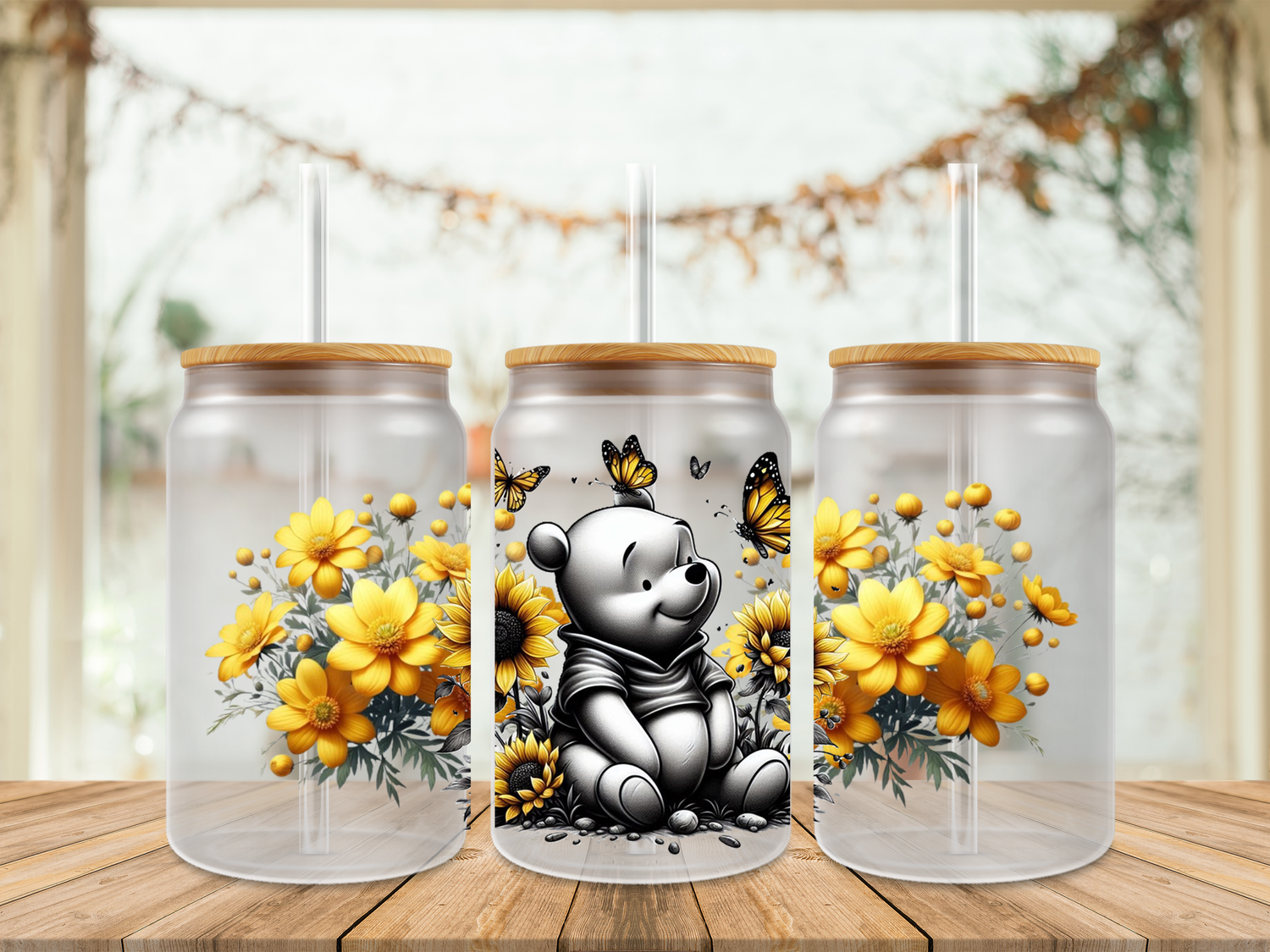 16oz Sublimation Tumbler Wrap Print - Winnie The Pooh Black &amp; White With Yellow Flowers 3rd