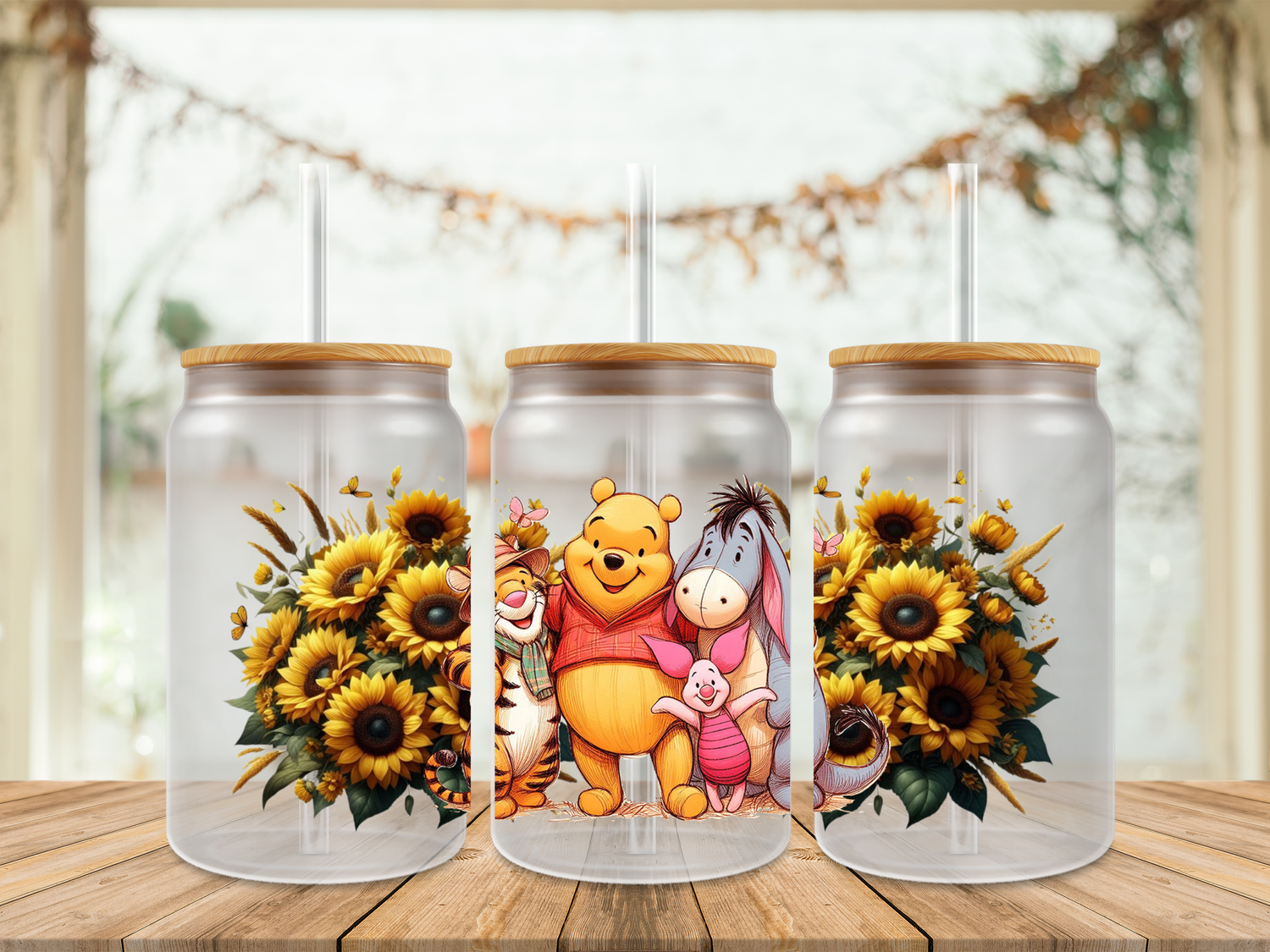 16oz Sublimation Tumbler Wrap Print - Pooh &amp; Friends With Sunflowers