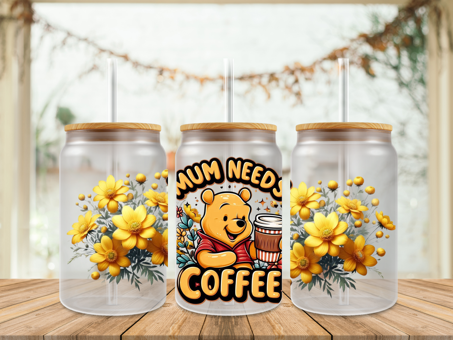 16oz Sublimation Tumbler Wrap Print - Winnie The Pooh Mum Needs Coffee