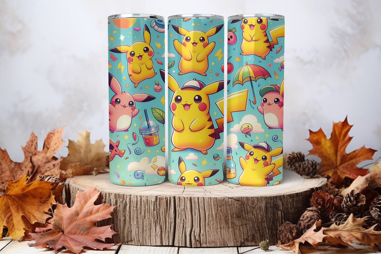 20oz Skinny Sublimation Tumbler Wrap Print - Picachu Light Blue