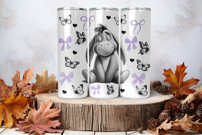 20oz Skinny Sublimation Tumbler Wrap Print - Eeyore With Bows &amp; Butterflies
