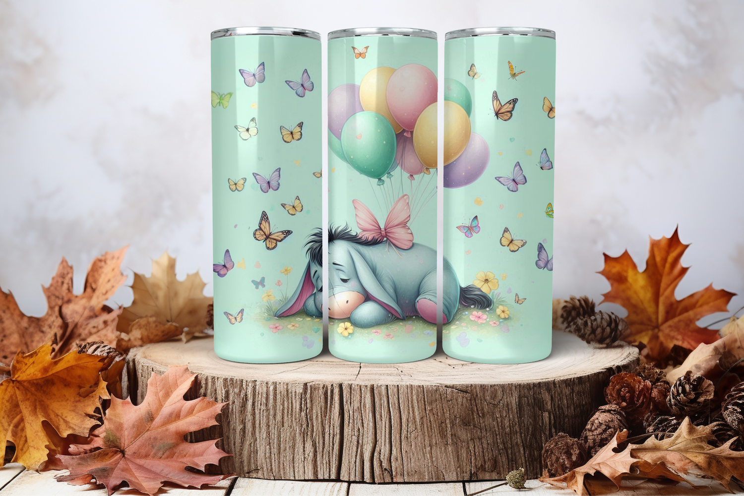 20oz Skinny Sublimation Tumbler Wrap Print - Eeyore With Balloons &amp; Butterflies