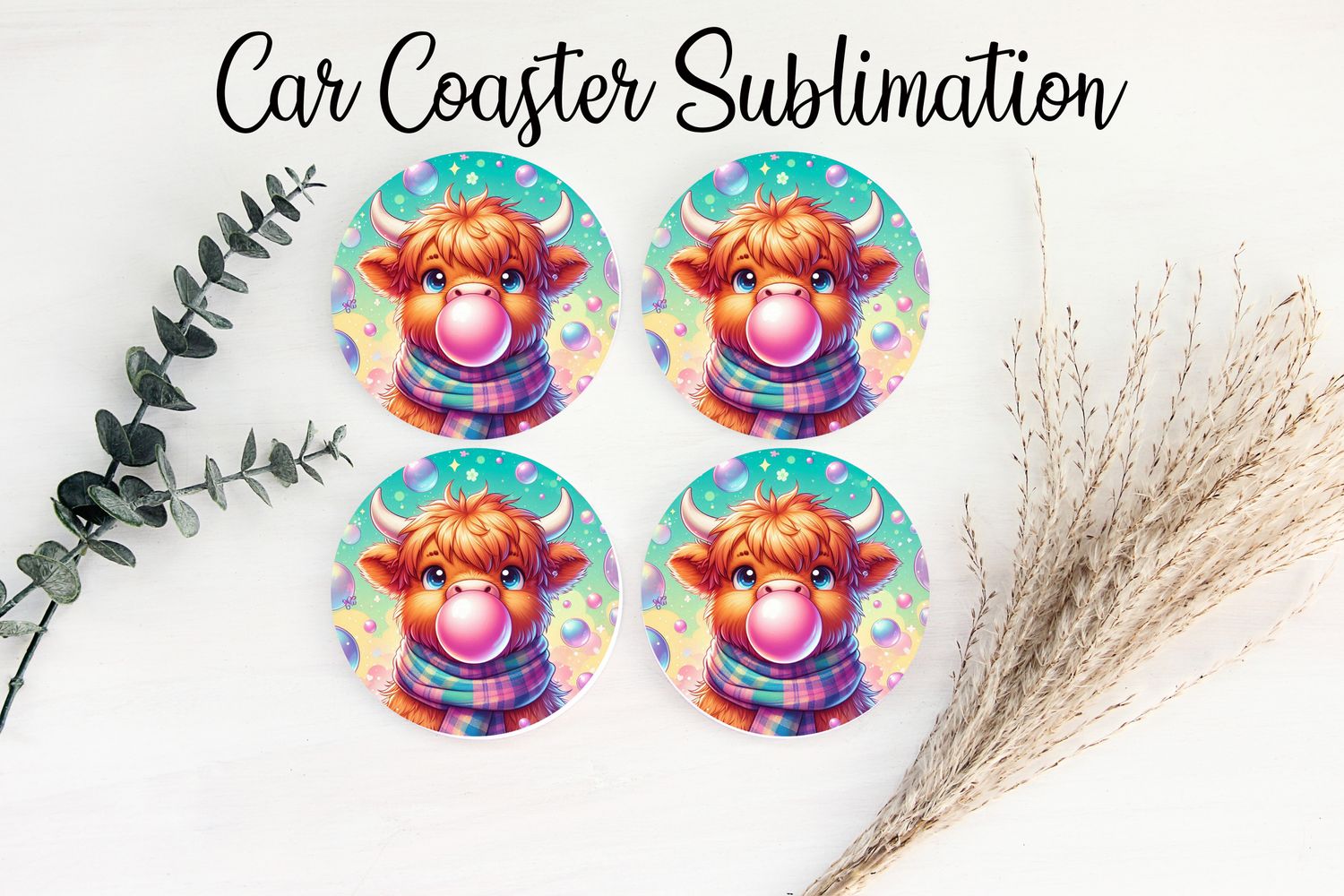Car Coaster Sublimation Print - Highland Cow With Bubble Gun