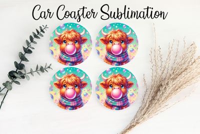 Car Coaster Sublimation Print - Highland Cow With Bubble Gun