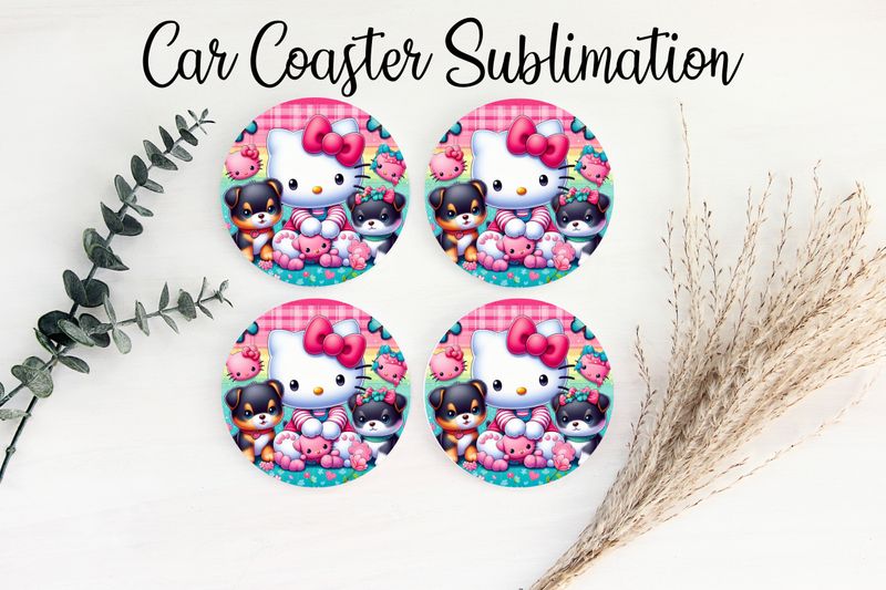 Car Coaster Sublimation Print - Hello Kitty With Dogs