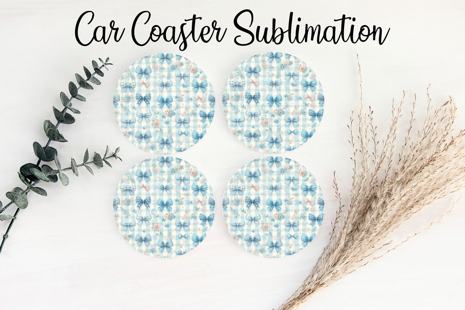 Car Coaster Sublimation Print - Checkered Light Blue Bows