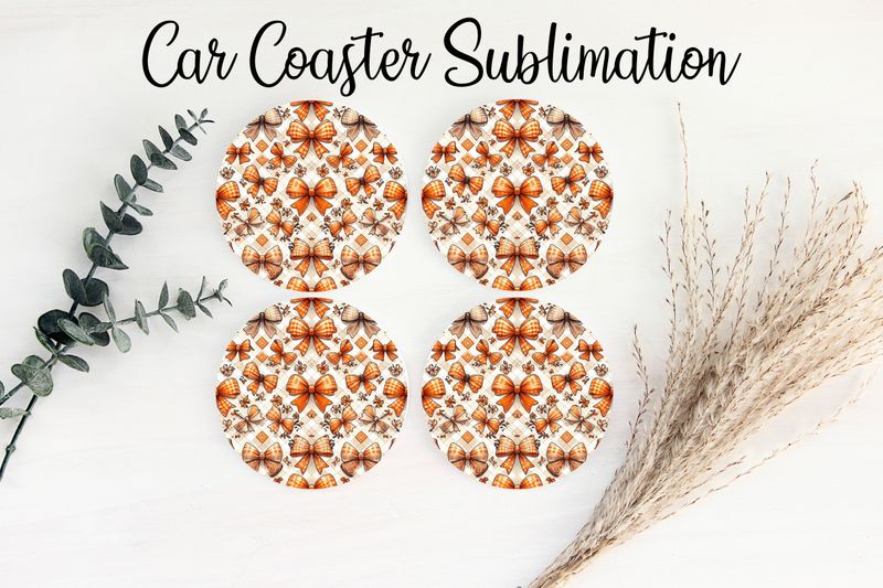 Car Coaster Sublimation Print - Checkered Orange Bows