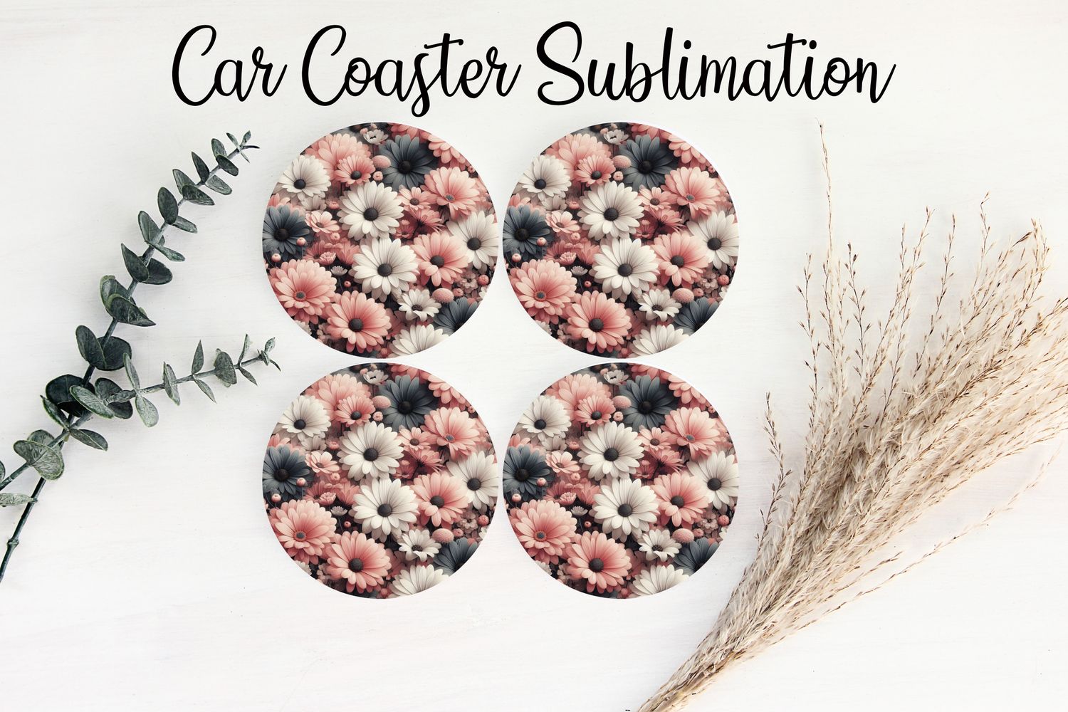 Car Coaster Sublimation Print - White Pink &amp; Black Daisies