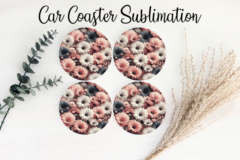 Car Coaster Sublimation Print - White Pink &amp; Black Daisies