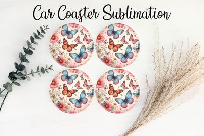 Car Coaster Sublimation Print - Blue Pink Orange Butterflies