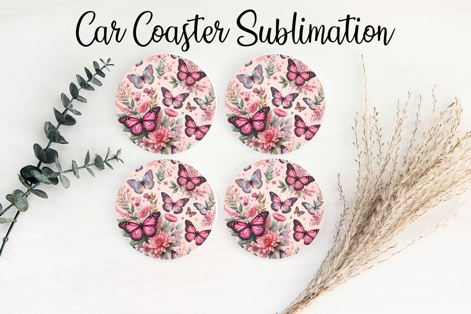 Car Coaster Sublimation Print - Pink Butterflies