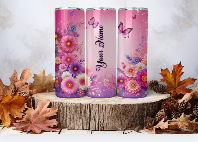 20oz Skinny Sublimation Tumbler Wrap Print - Pink Flowers &amp; Butterflies