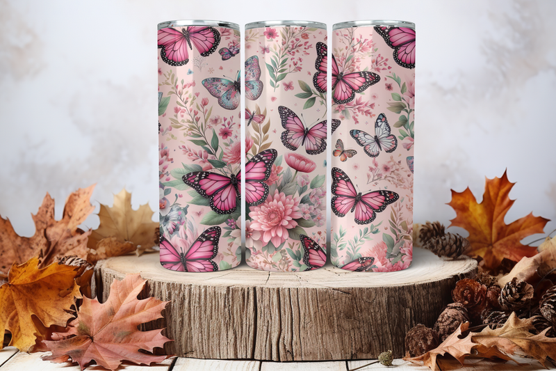 20oz Skinny Sublimation Tumbler Wrap Print - Pink Butterflies