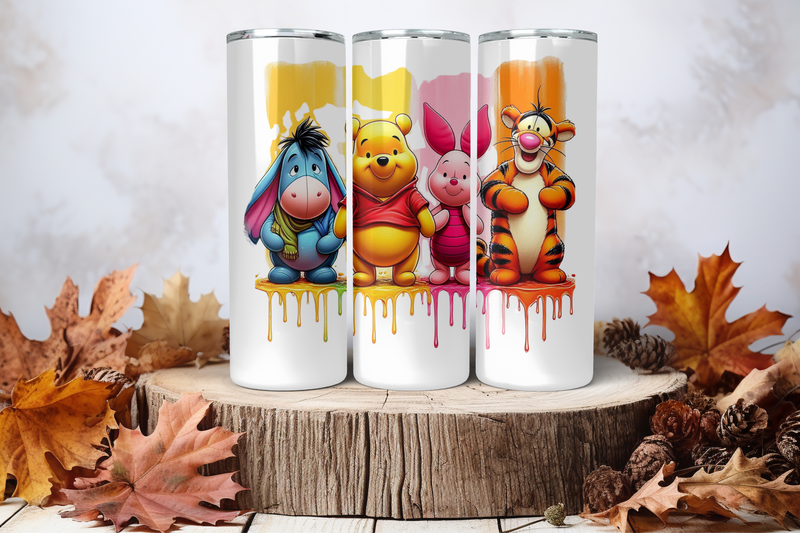 20oz Skinny Sublimation Tumbler Wrap Print - Winnie The Pooh &amp; Friends Colour Drip