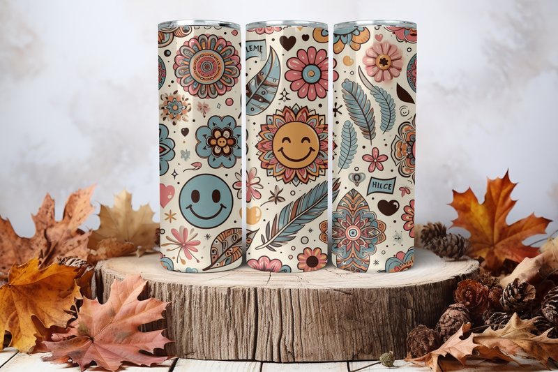 20oz Skinny Sublimation Tumbler Wrap Print - Boho Smiley
