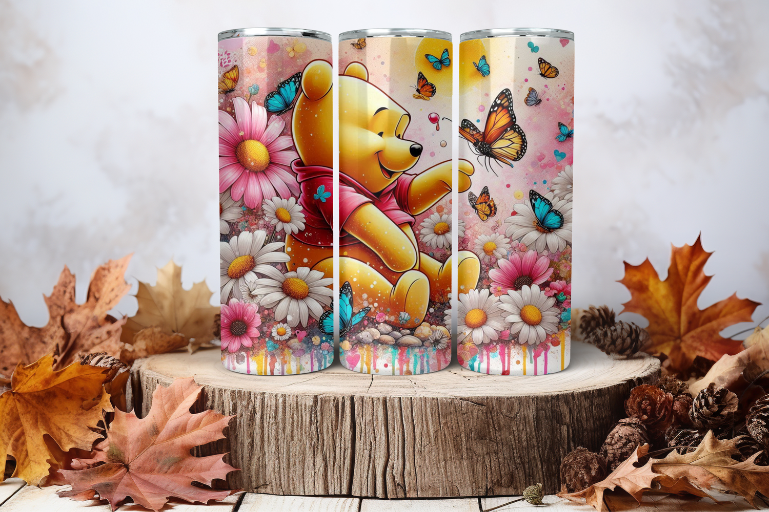 20oz Skinny Sublimation Tumbler Wrap Print - Winnie The Pooh Flowers 1