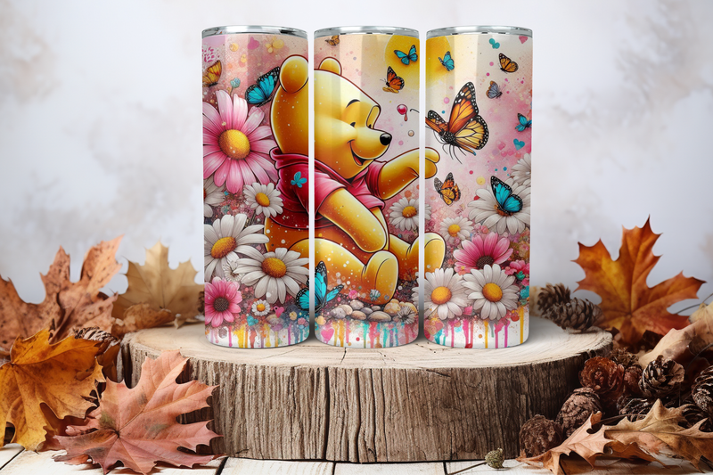 20oz Skinny Sublimation Tumbler Wrap Print - Winnie The Pooh Flowers 1