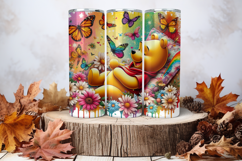 20oz Skinny Sublimation Tumbler Wrap Print - Winnie The Pooh Flowers 2