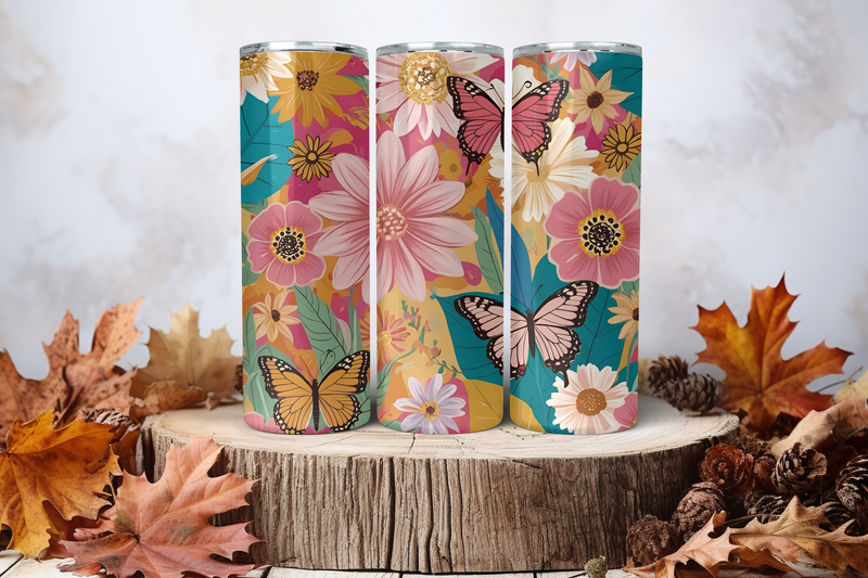 20oz Skinny Sublimation Tumbler Wrap Print - Flowers &amp; Butterflies
