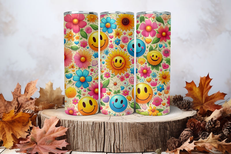 20oz Skinny Sublimation Tumbler Wrap Print - Smiley Flowers 2