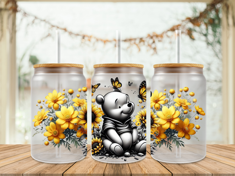 Double Sided Pooh Sunflowers Black &amp; White