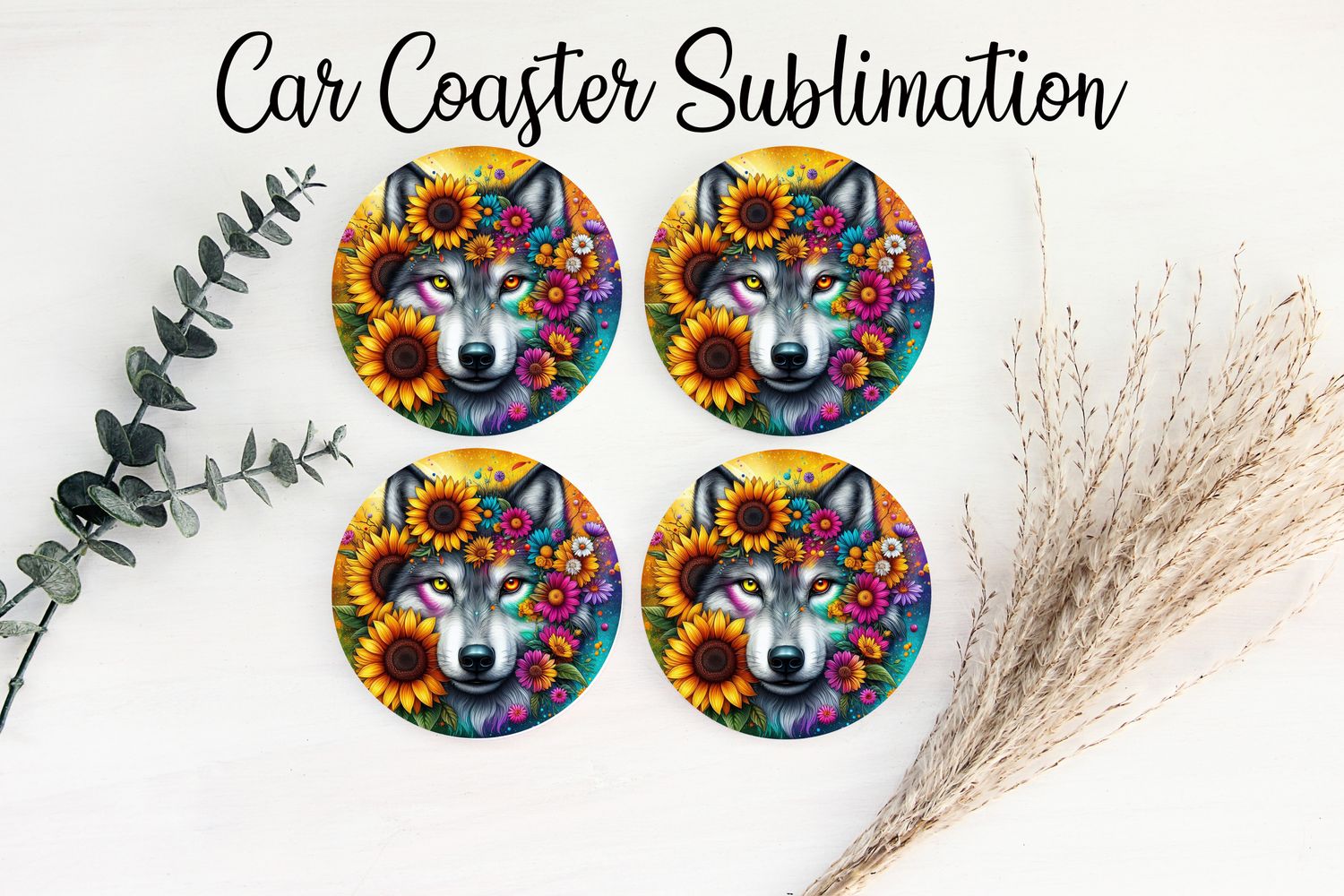 Car Coaster Sublimation Print - Wolf Colourful