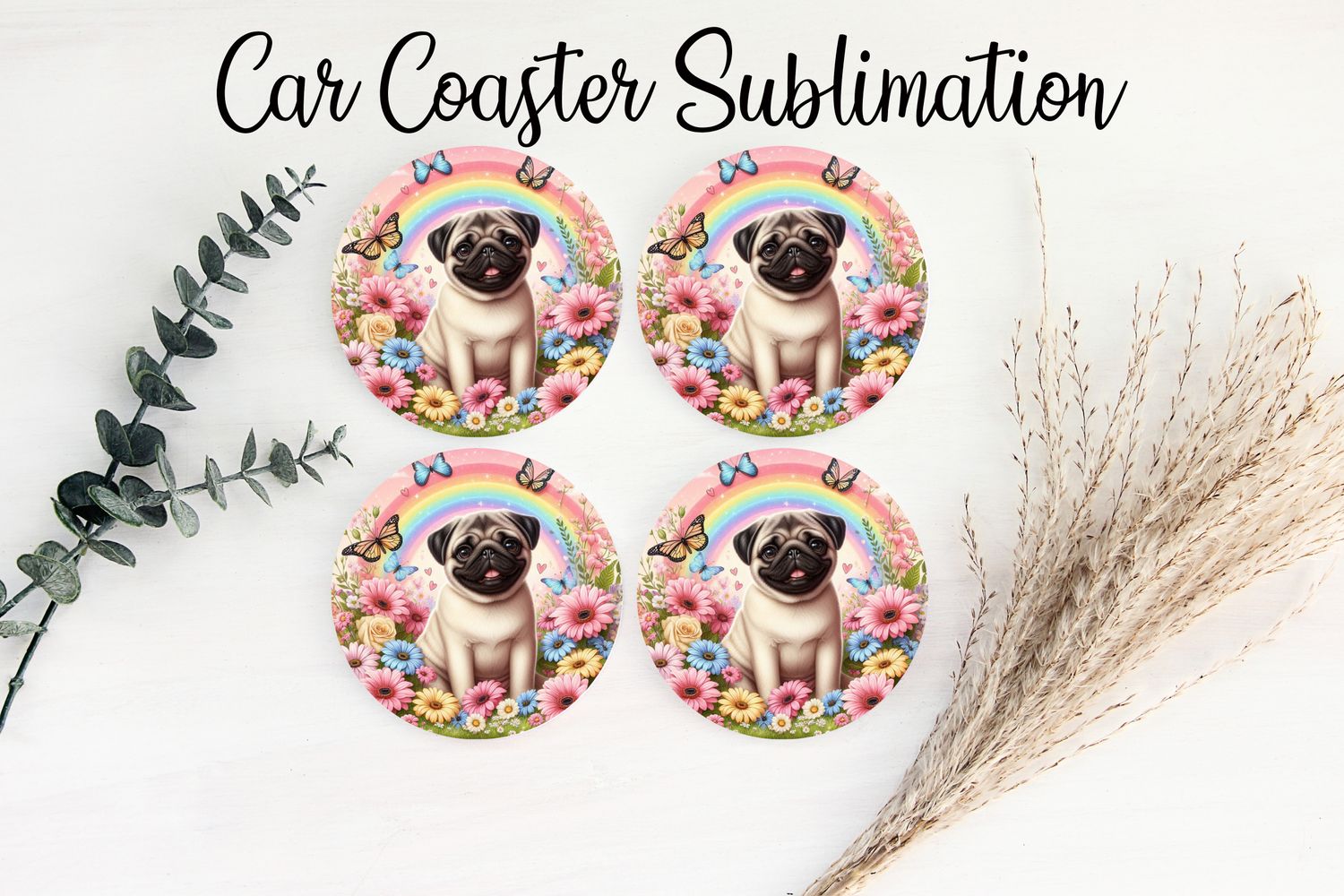 Car Coaster Sublimation Print - Pugs Rainbow